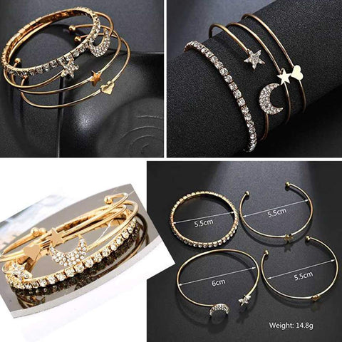 Arzonai hot selling jewelry simple fashion star and moon inlaid diamond smooth peach heart star bracelet four-piece jewelry
