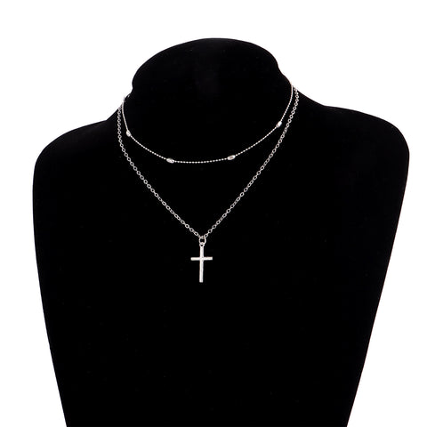 Arzonai  fashion popular cross pendant necklace geometric double chain clavicle chain- Golden-Silver