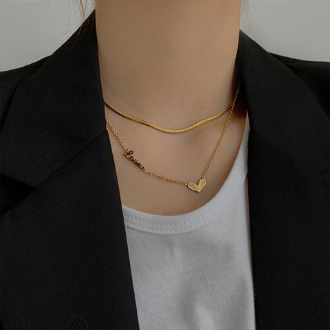 Arzonai Bathable titanium steel design sense love love double-layer necklace female iins niche brand simple and versatile clavicle chain