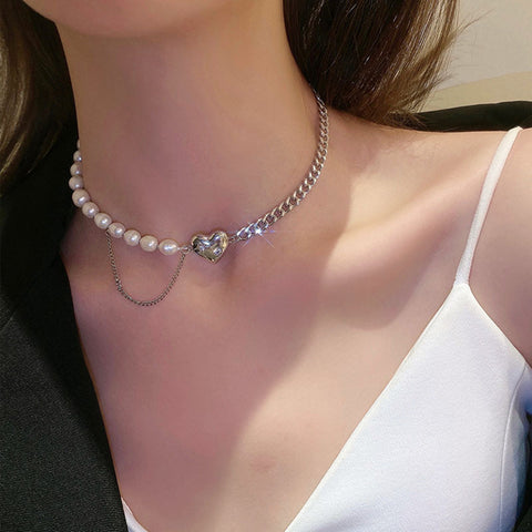 Arzonai Imitation pearl love stitching necklace female ins hip-hop clavicle chain summer light luxury niche design simple accessories