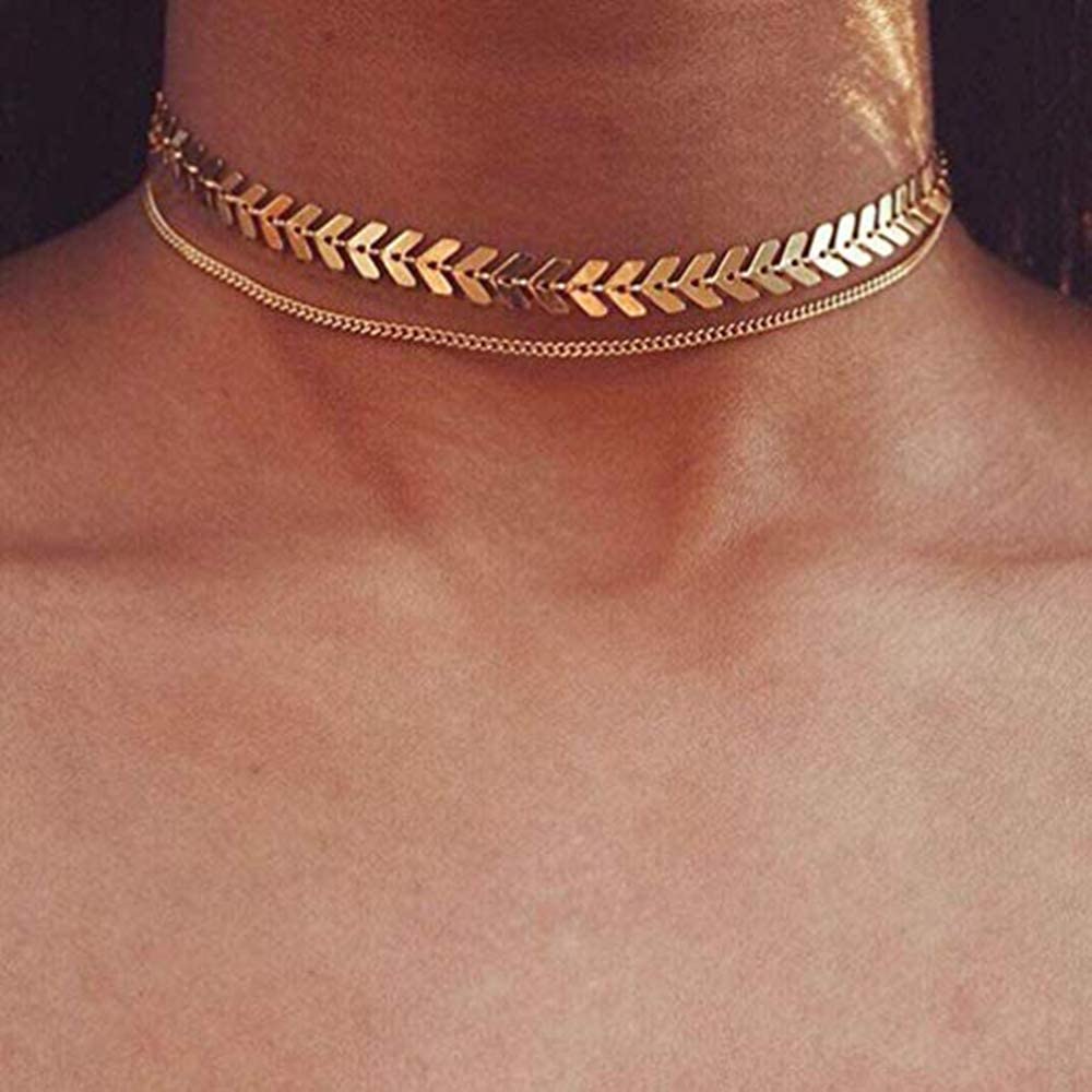 Arzonai Fashion Jewelry Fishbone Airplane Leaf Two Layered Necklaces Chevron Chain Choker Necklace Flat Chain (Gold)