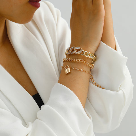 Arzonai Fashion simple European and American cross-border alloy jewelry personality exaggerated multi-layer micro-encrusted diamond lock pendant bracelet women's bracelet