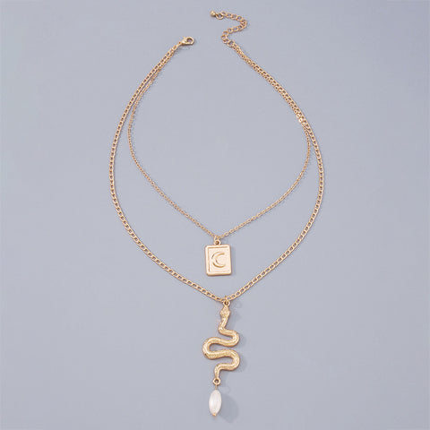 Arzonai  double-layered necklace geometric snake-shaped square pendant necklace simple retro creative necklace women