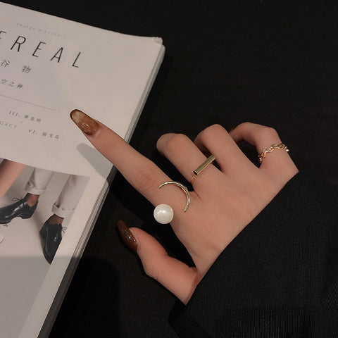 Arzonai South Korea's light luxury three-piece pearl ring female niche design fashion trendy simple index finger ring