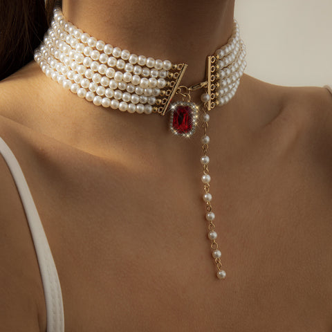 Arzonai fashion baroque bead necklace female retro ethnic short square gemstone neck necklace