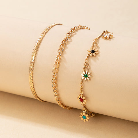 Arzonai Korean version of cross-border multi-layer chain color flower pendant anklet set European and American new gold anklet 3-piece set