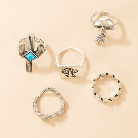 Arzonai retro ethnic ring cactus turquoise mushroom love silver 5-piece ring
