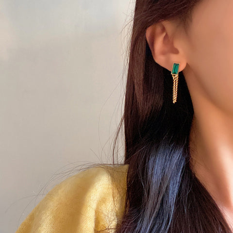 Arzonai retro fashion square emerald earrings personality simple back hanging chain tassel earrings