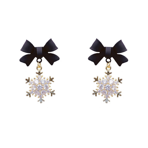 Arzonai New trendy autumn and winter women's black bow temperament earrings  Korea cold wind light luxury snowflake earrings for women and Girls